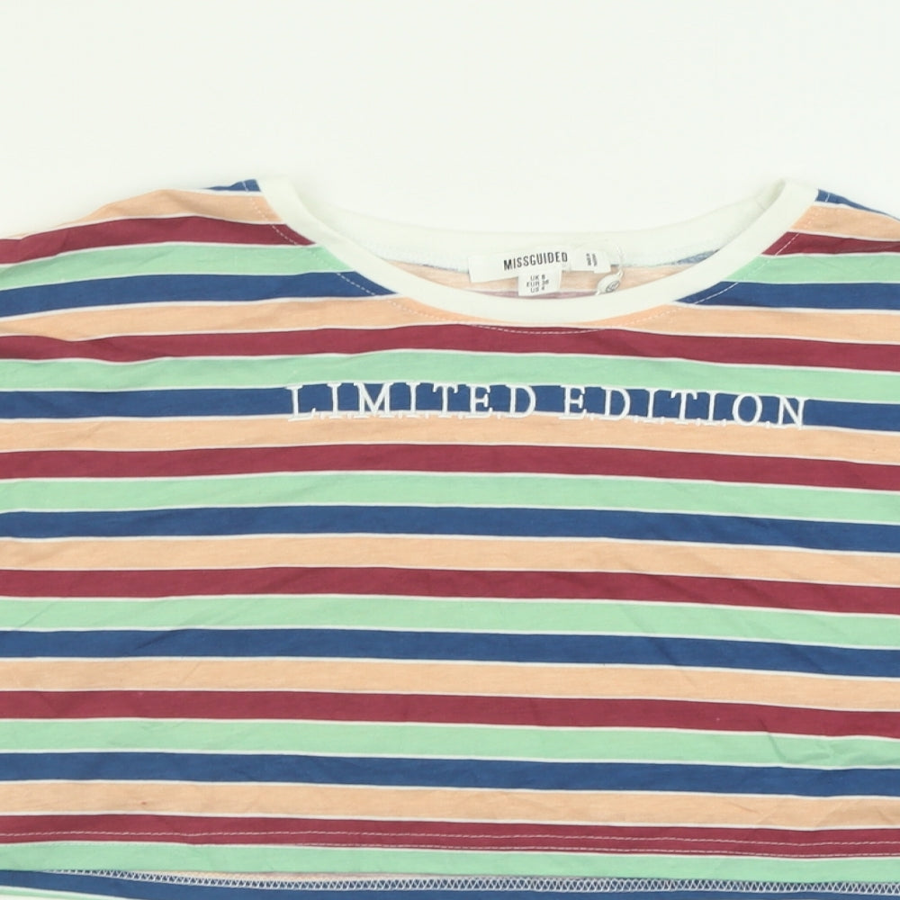 Missguided Womens Multicoloured Striped Polyester Cropped T-Shirt Size 8 Crew Neck