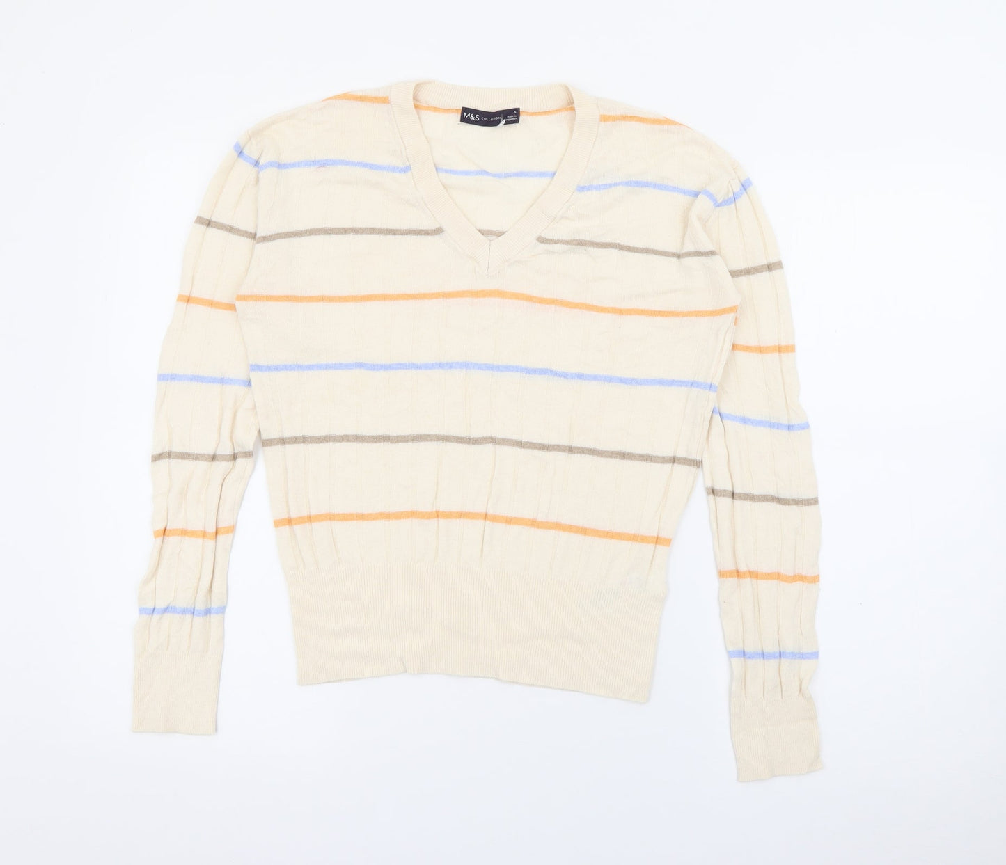 Marks and Spencer Womens Beige V-Neck Striped Viscose Pullover Jumper Size S
