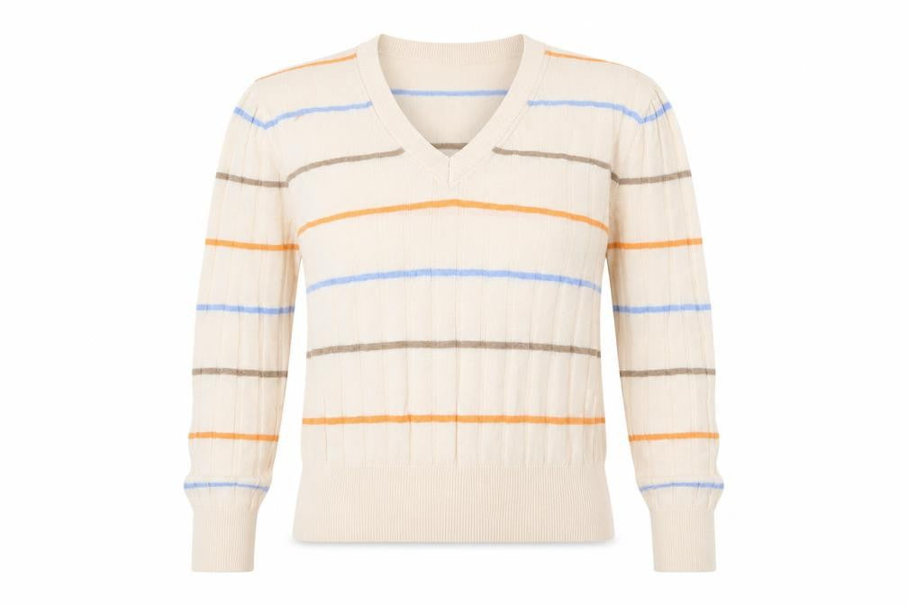 Marks & Spencer Womens Beige V-Neck Striped Viscose Pullover Jumper Size S