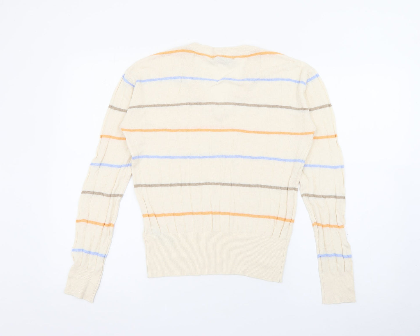 Marks and Spencer Womens Beige V-Neck Striped Viscose Pullover Jumper Size S