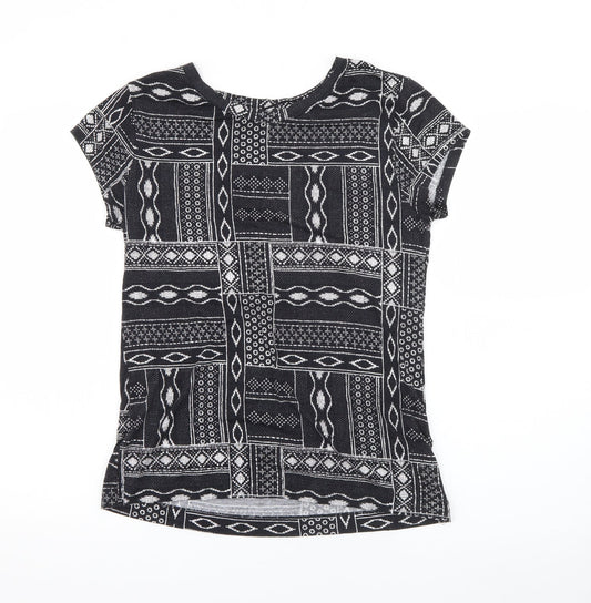 H&M Womens Blue Geometric Viscose Basic T-Shirt Size M Boat Neck