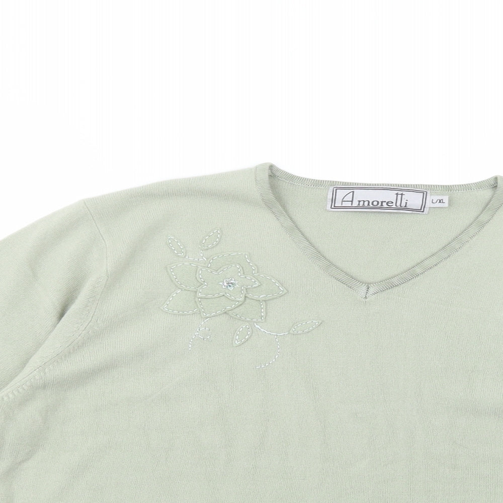 Amoretti Womens Green V-Neck  Acrylic Pullover Jumper Size L