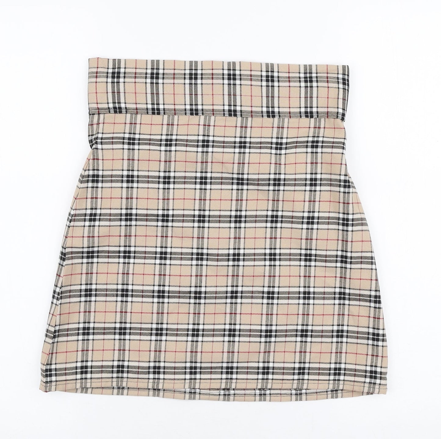 Preworn Womens Beige Plaid Polyester A-Line Skirt Size 28 in   Zip