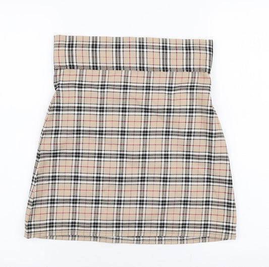 Preworn Womens Beige Plaid Polyester A-Line Skirt Size 28 in   Zip