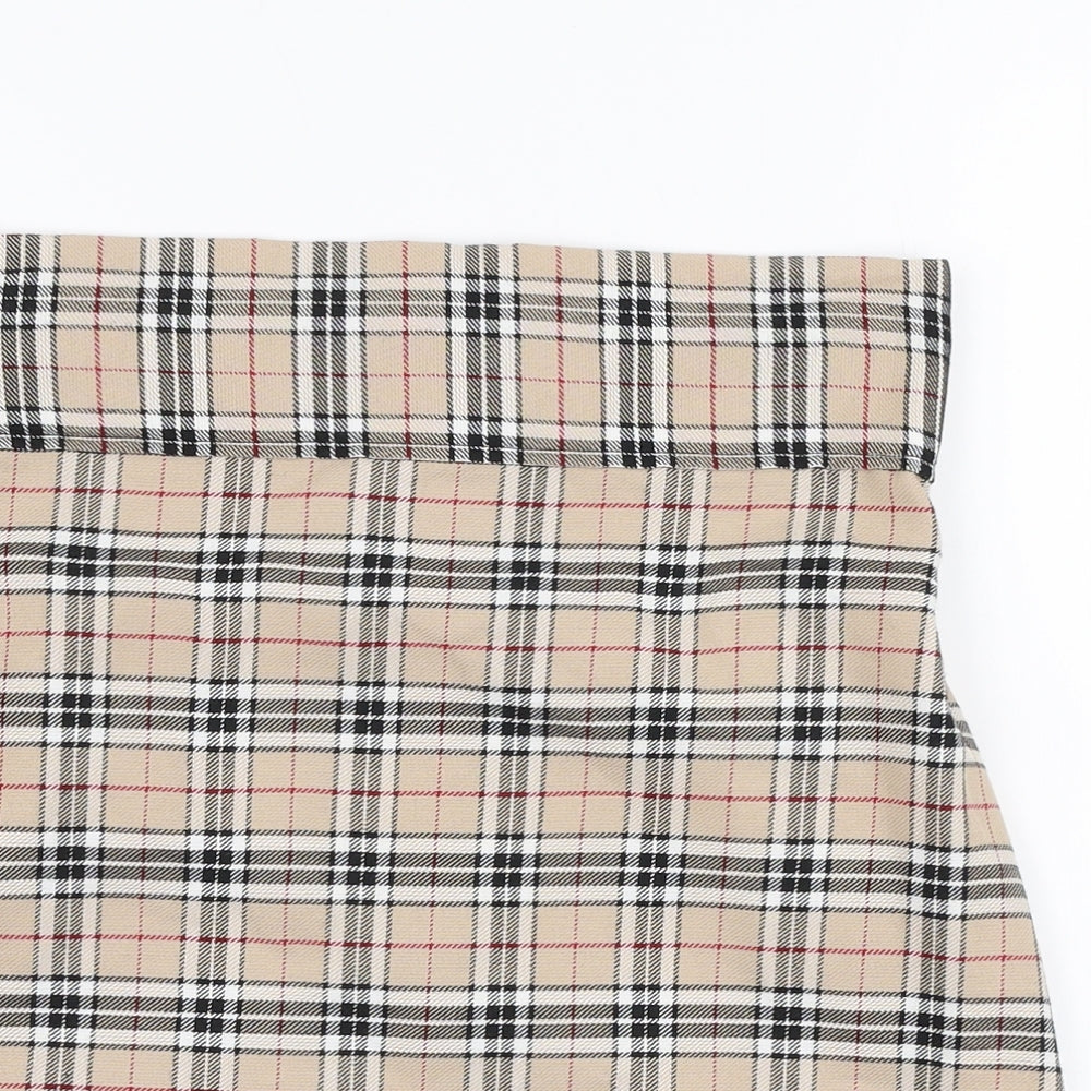 Preworn Womens Beige Plaid Polyester A-Line Skirt Size 28 in   Zip