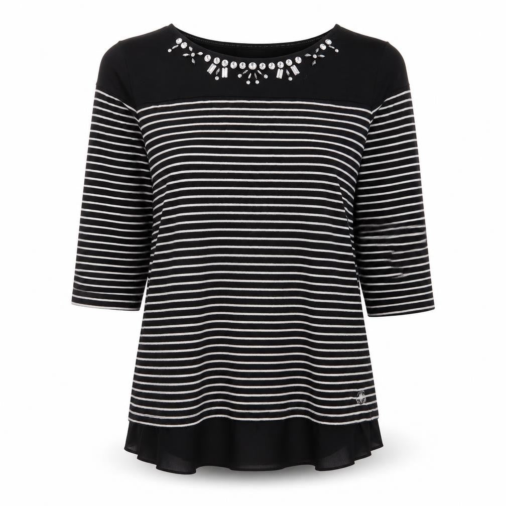 Debenhams Womens Black Striped Cotton Jersey T-Shirt Size 2 Round Neck