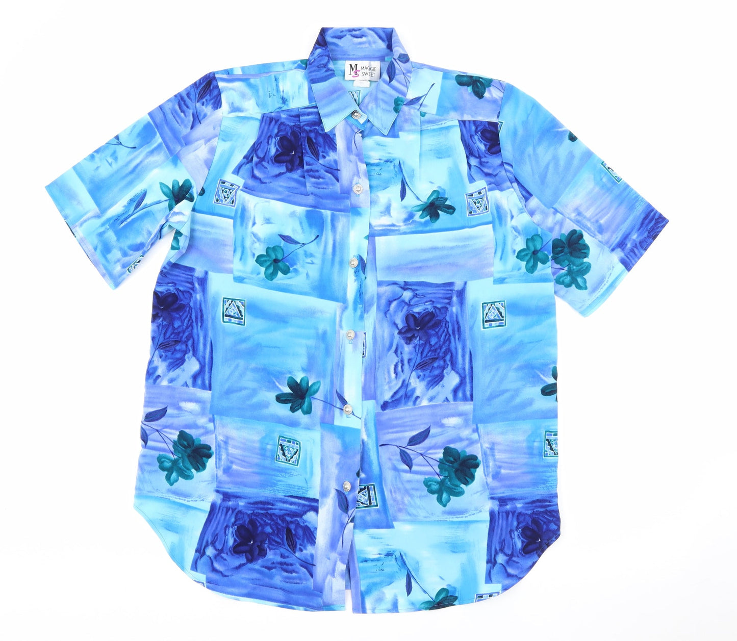 Maggie Sweet Womens Blue Geometric Polyester Basic Button-Up Size S Collared