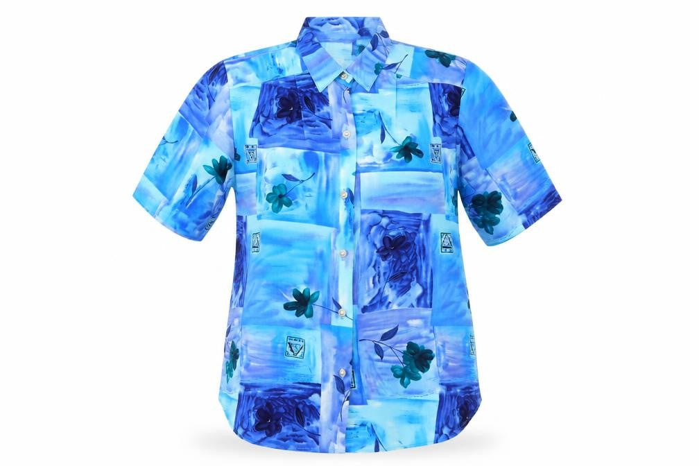 Maggie Sweet Womens Blue Geometric Polyester Basic Button-Up Size S Collared