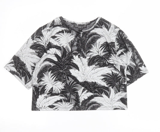 Topshop Womens Black Floral Viscose Cropped T-Shirt Size 8 Round Neck