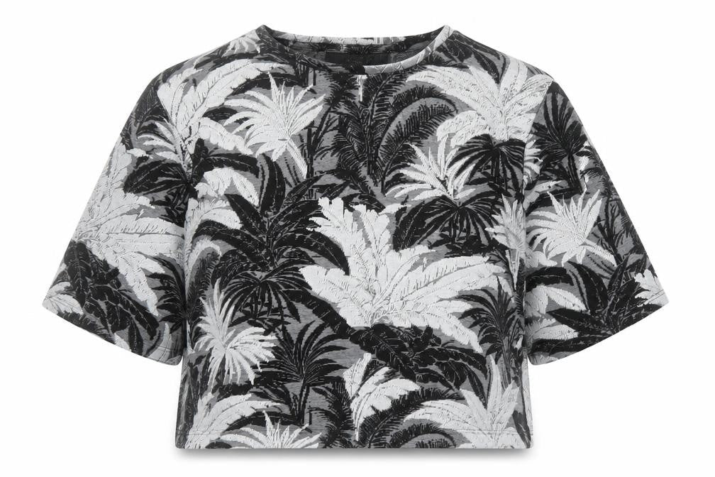 Topshop Womens Black Floral Viscose Cropped T-Shirt Size 8 Round Neck