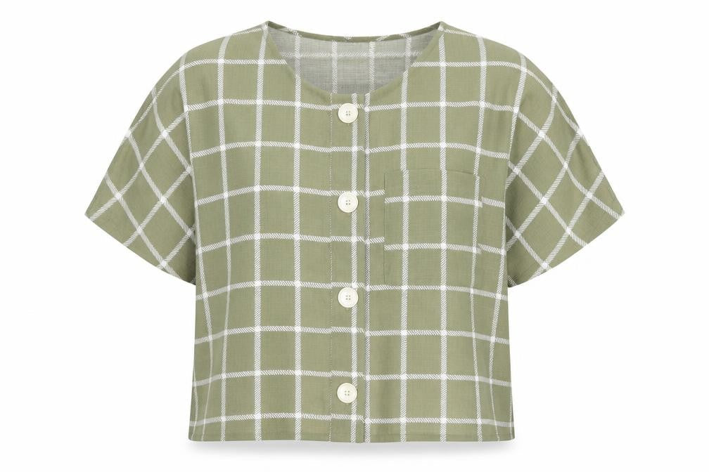 Primark Womens Green Check Polyester Basic Blouse Size 6 Round Neck