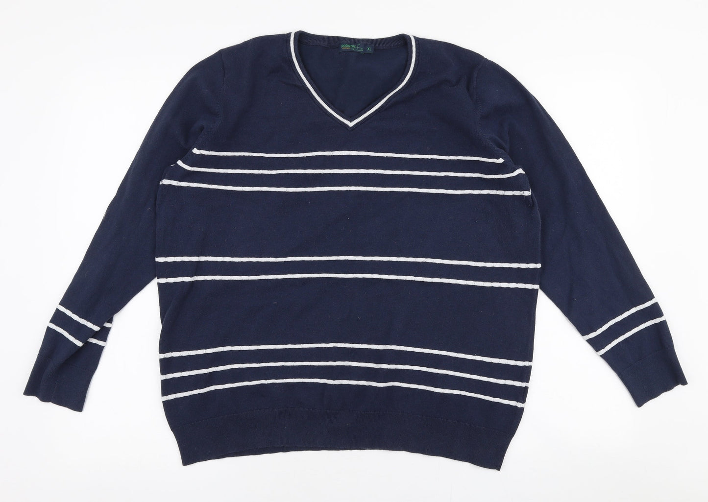 Padrais Mens Blue V-Neck Striped Polyester Pullover Jumper Size XL