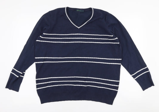 Padrais Mens Blue V-Neck Striped Polyester Pullover Jumper Size XL