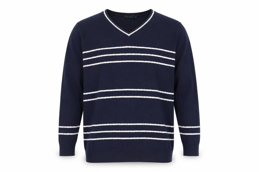 Padrais Mens Blue V-Neck Striped Polyester Pullover Jumper Size XL