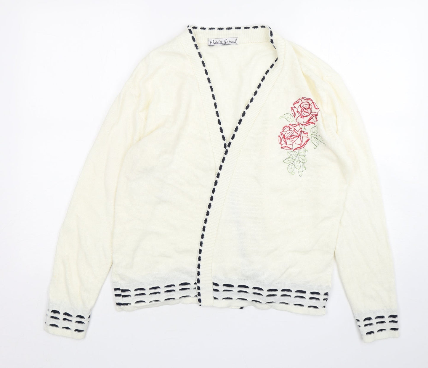 Pure & Natural Womens Beige V-Neck Floral Acrylic Cardigan Jumper Size M