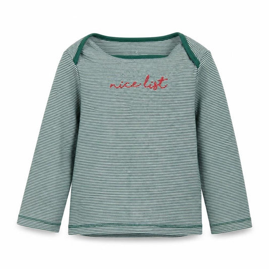 F&F Boys Green Striped Ramie Basic T-Shirt Size 12-18 Months Round Neck Button