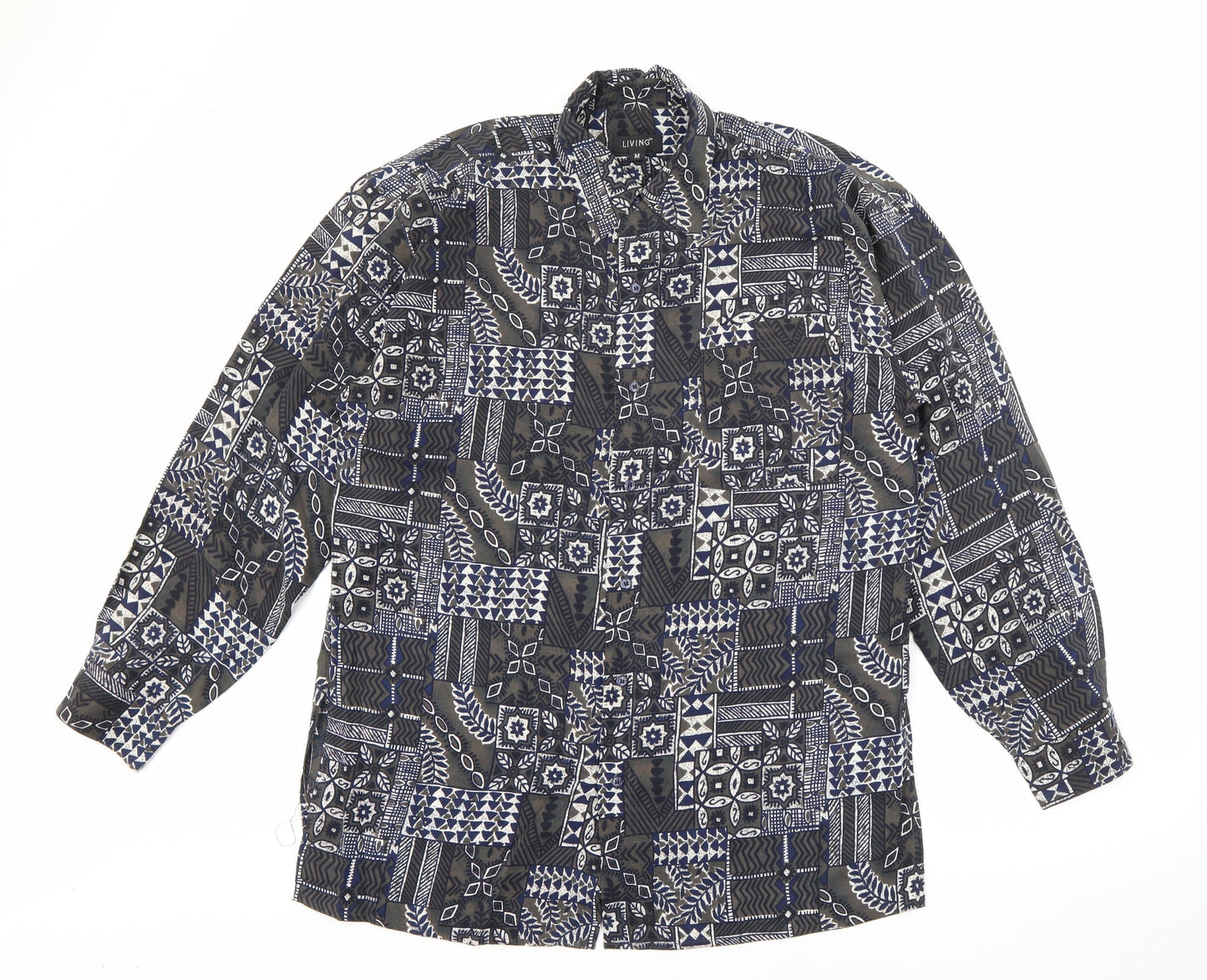 Living Mens Green Floral Polyester  Button-Up Size M Collared Button