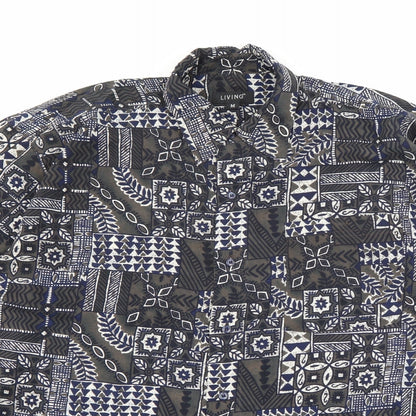 Living Mens Green Floral Polyester  Button-Up Size M Collared Button