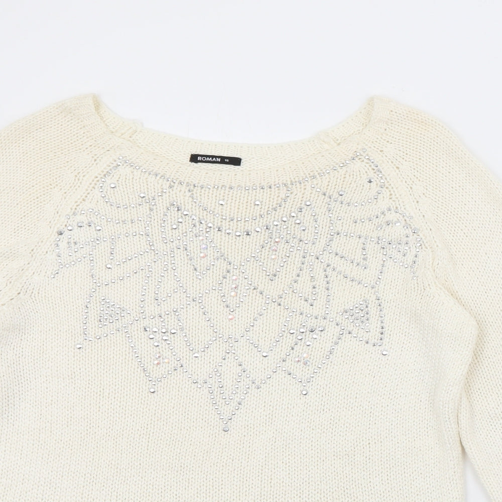 Roman Womens Ivory Crew Neck  Acrylic Pullover Jumper Size 16