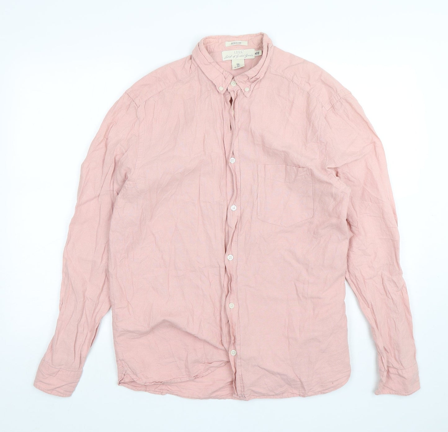 H&M Mens Pink  Cotton  Button-Up Size L Collared Button