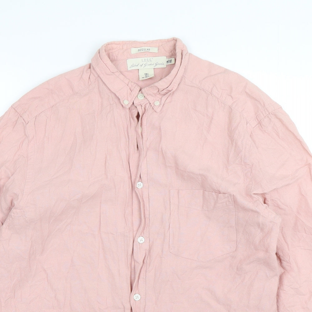 H&M Mens Pink  Cotton  Button-Up Size L Collared Button