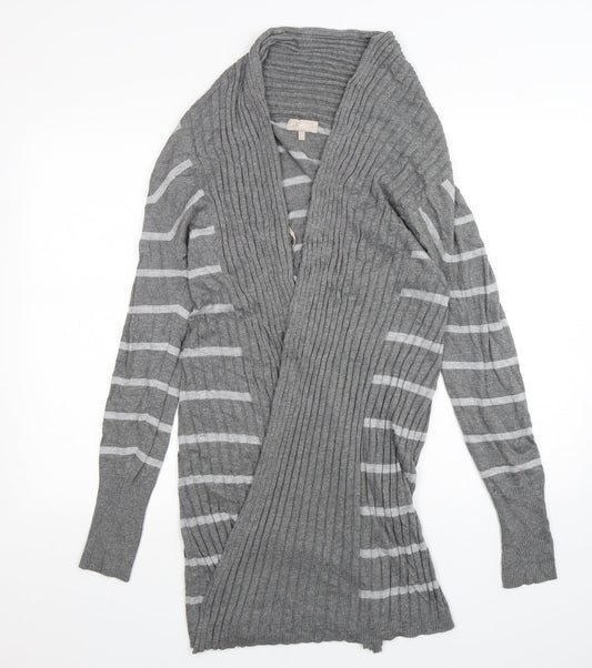 Soon Womens Grey V-Neck Striped Polyester Cardigan Jumper Size 12