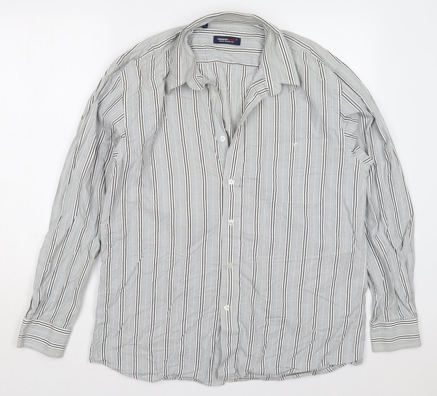 Piermont Mens Grey Striped Cotton  Button-Up Size L Collared Button