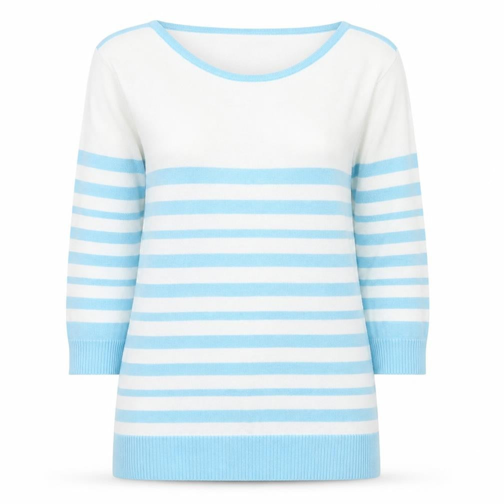 Isle Womens Blue Round Neck Striped Cotton Pullover Jumper Size 14
