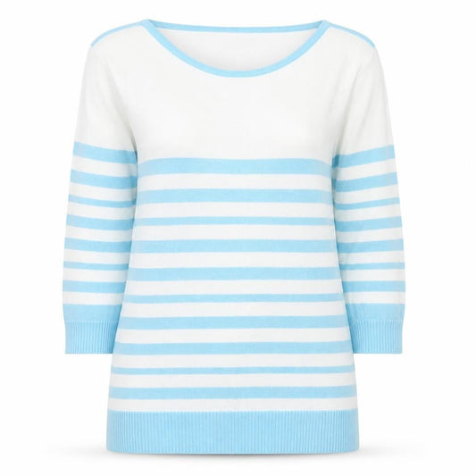 Isle Womens Blue Round Neck Striped Cotton Pullover Jumper Size 14