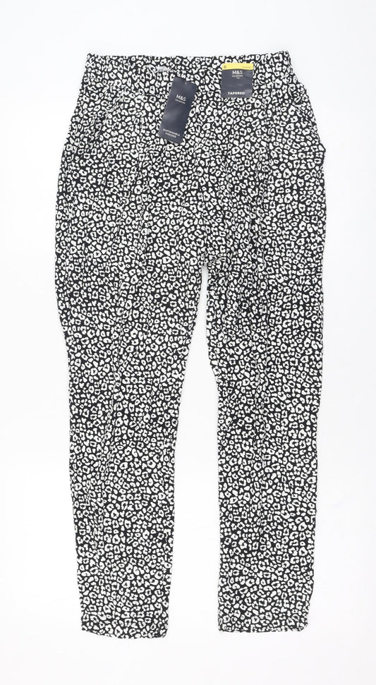 Marks and Spencer Womens Black Animal Print Viscose Carrot Trousers Size 6 L26 in Regular