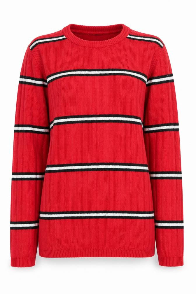 Primark Womens Red Crew Neck Striped Polyester Pullover Jumper Size 12