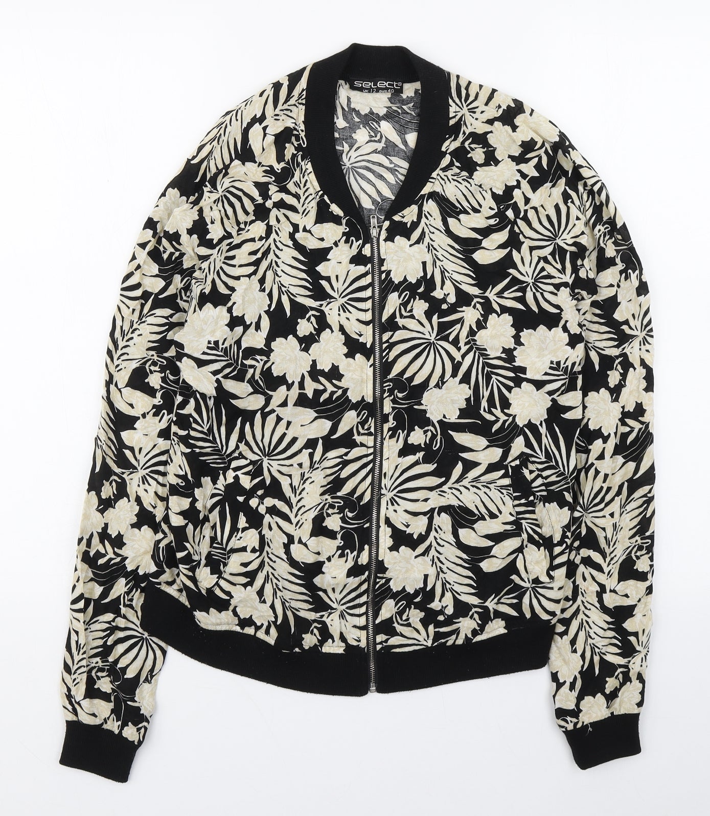 Select Womens Black Floral  Jacket  Size 12  Zip