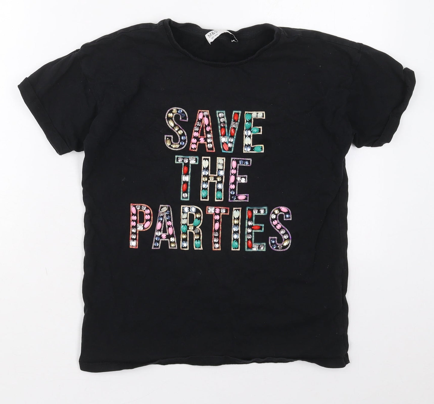Marks and Spencer Girls Black  Cotton Basic T-Shirt Size 13-14 Years Crew Neck Pullover - Save The Parties