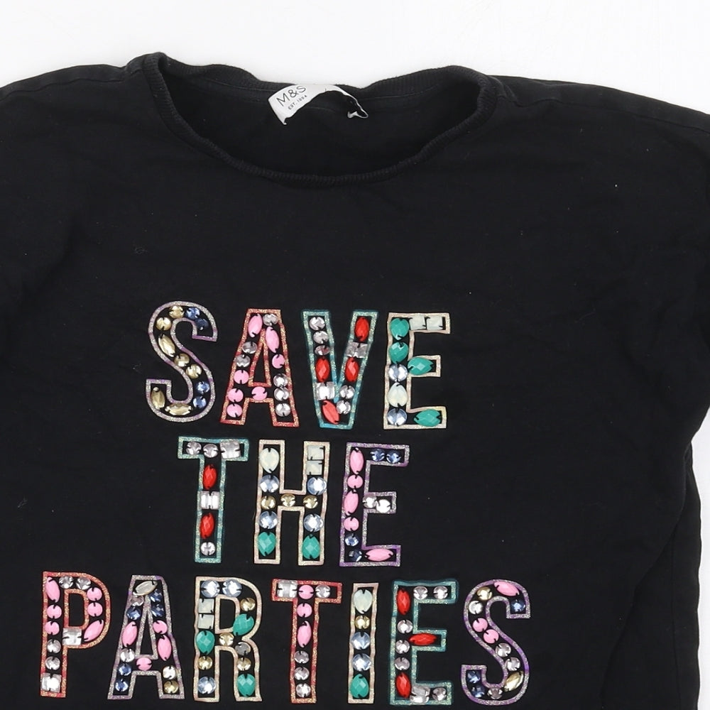 Marks and Spencer Girls Black  Cotton Basic T-Shirt Size 13-14 Years Crew Neck Pullover - Save The Parties