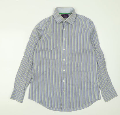 Hawes & Curtis Mens Blue Plaid Polyester  Button-Up Size L Collared Button