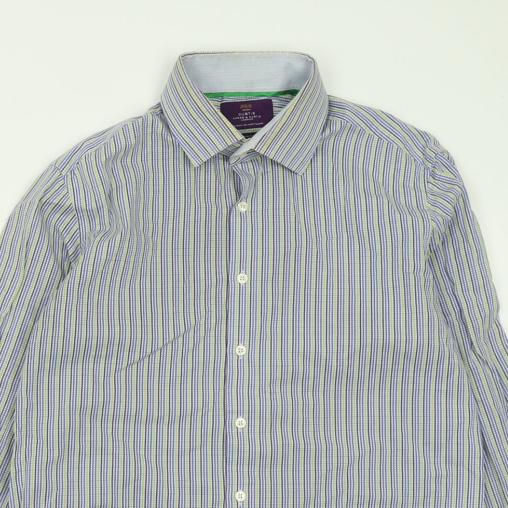 Hawes & Curtis Mens Blue Plaid Polyester  Button-Up Size L Collared Button