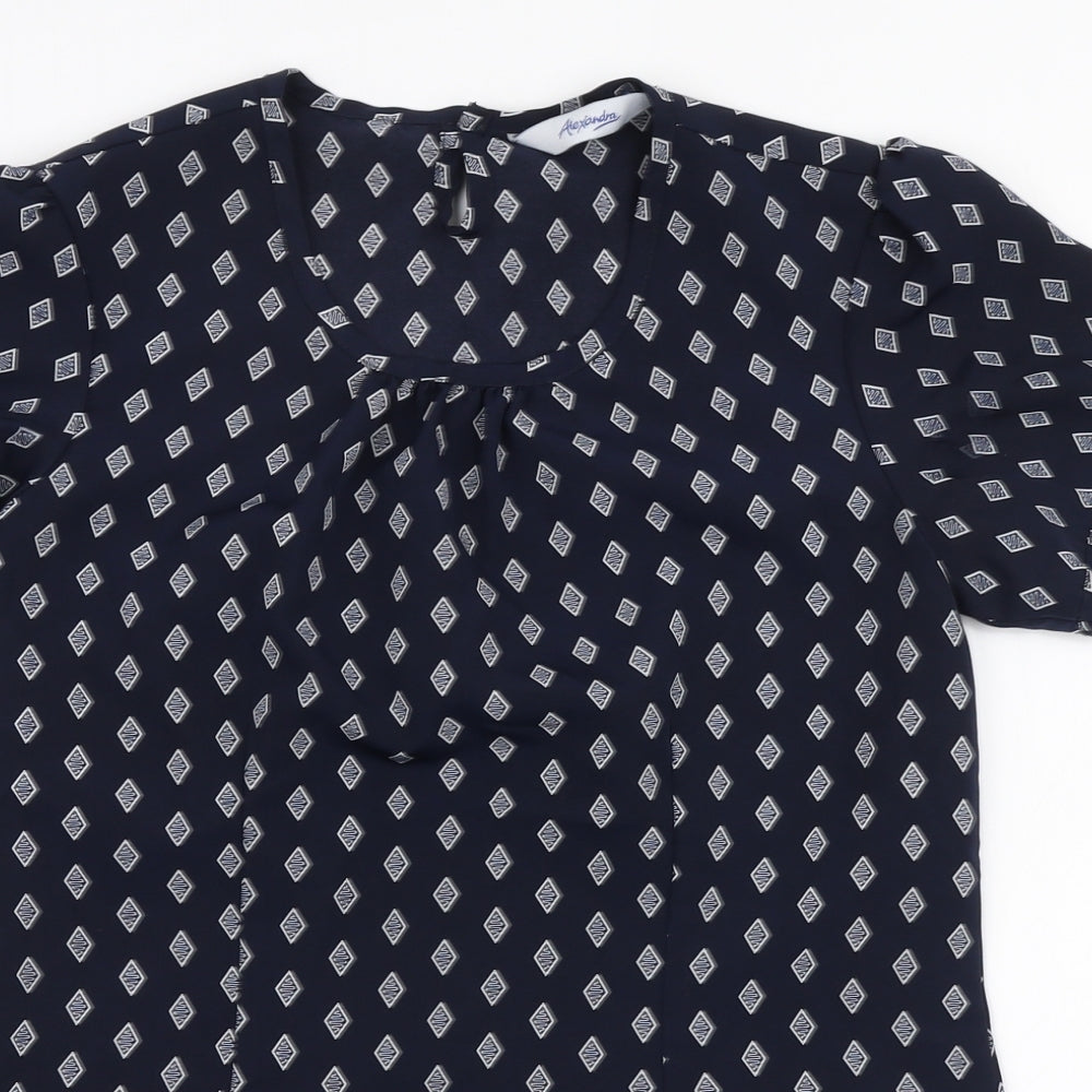 Alexandra Womens Blue Geometric Polyester Basic Blouse Size 6 Round Neck