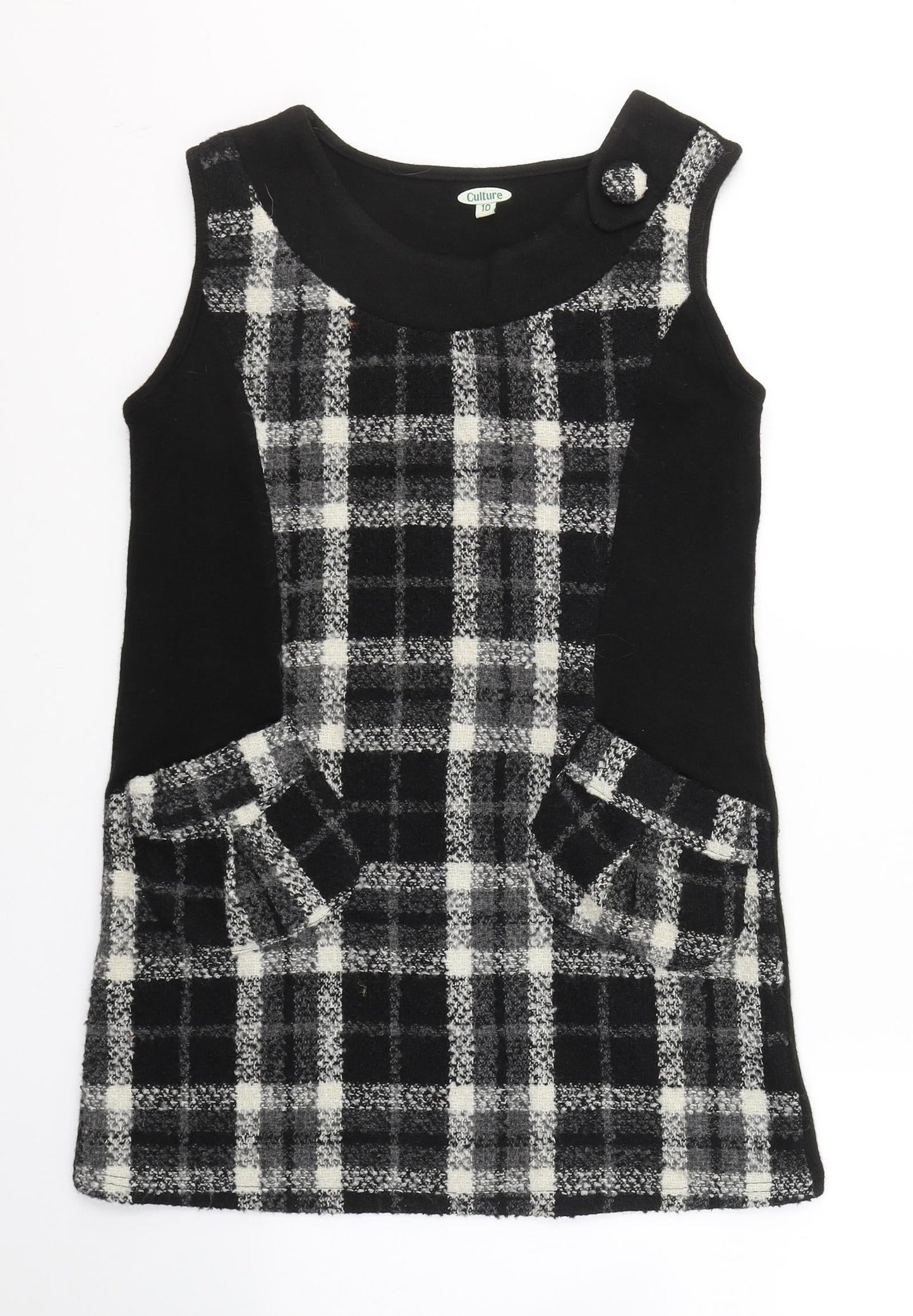 CULTURE Womens Black Round Neck Plaid Polyester Tunic Jumper Size 10