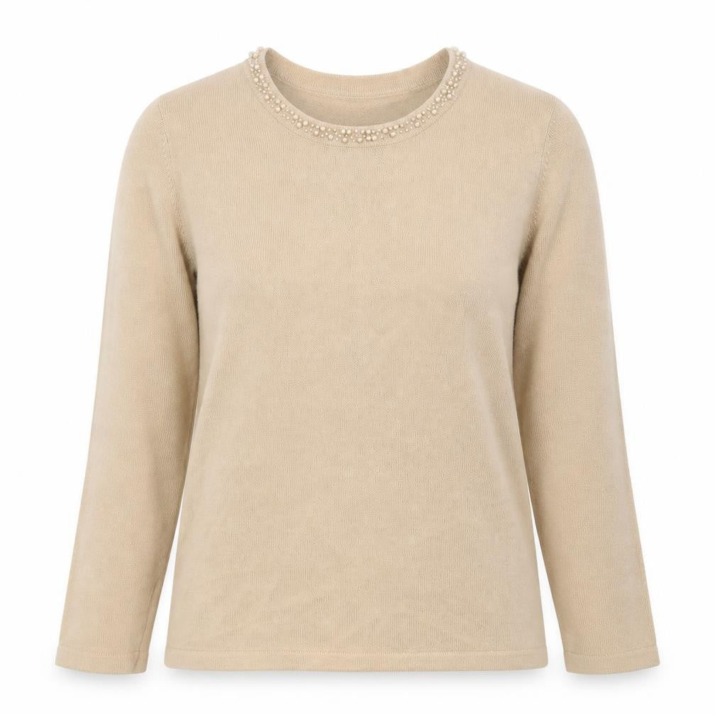 //Text Womens Beige Round Neck  Acrylic Pullover Jumper Size M