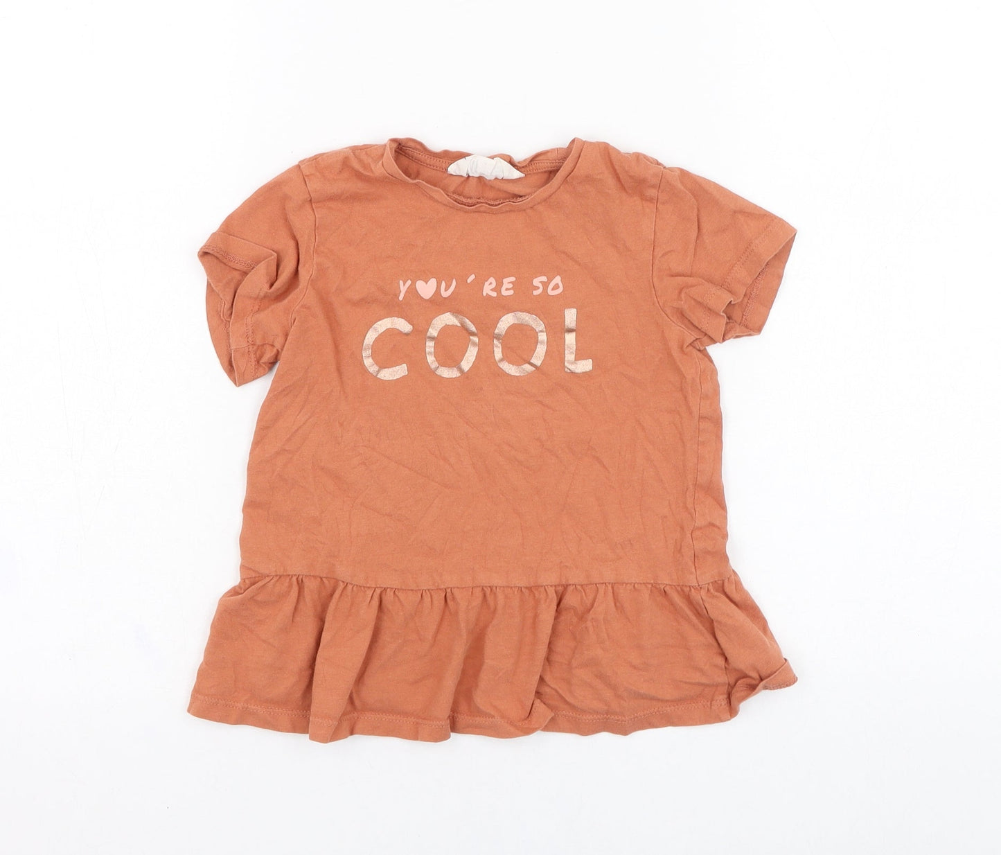 H&M Girls Orange  Cotton Basic T-Shirt Size 18-24 Months Round Neck Pullover - Slogan