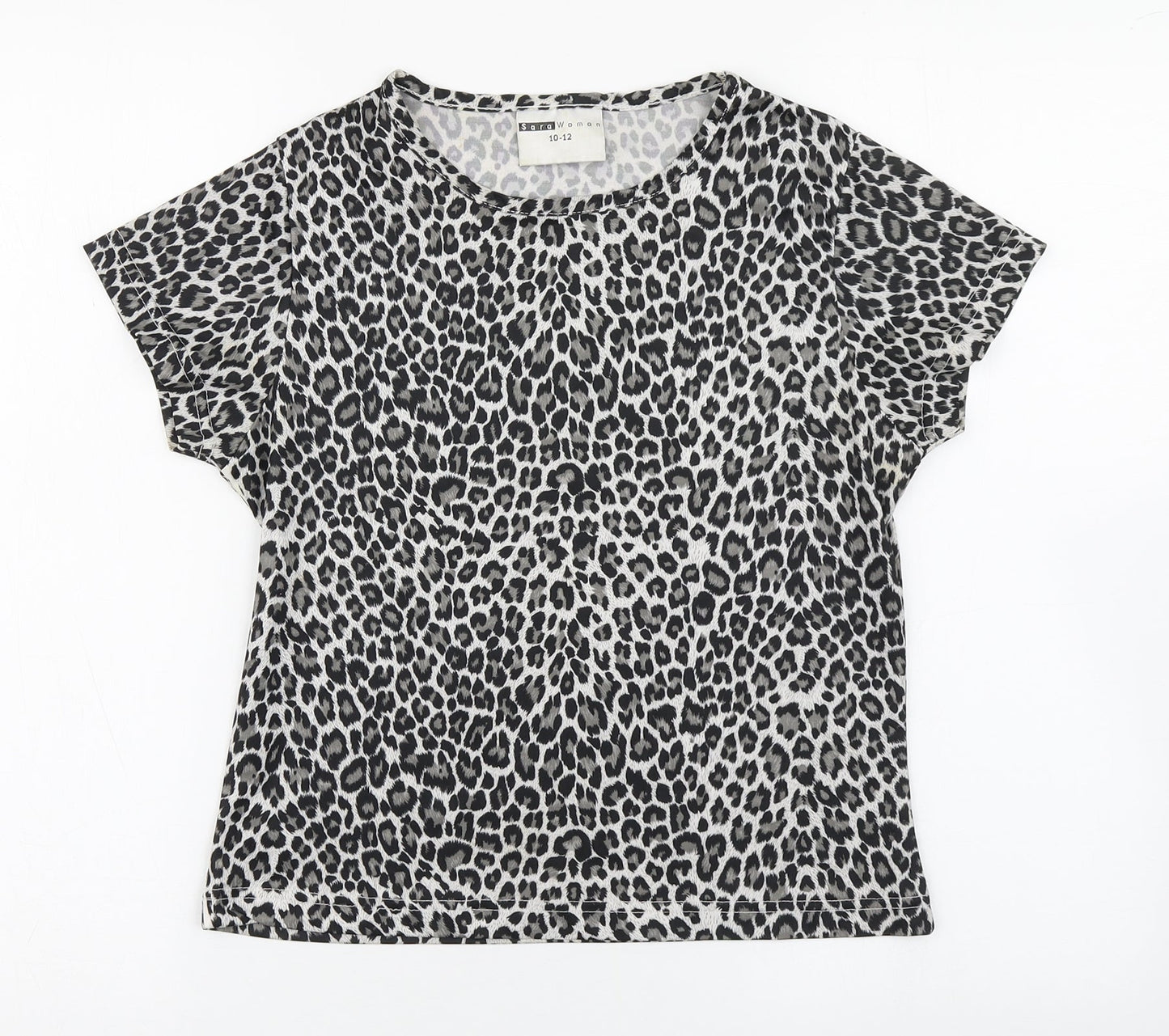 Sara Woman Womens Grey Animal Print Polyester Basic T-Shirt Size 10 Round Neck