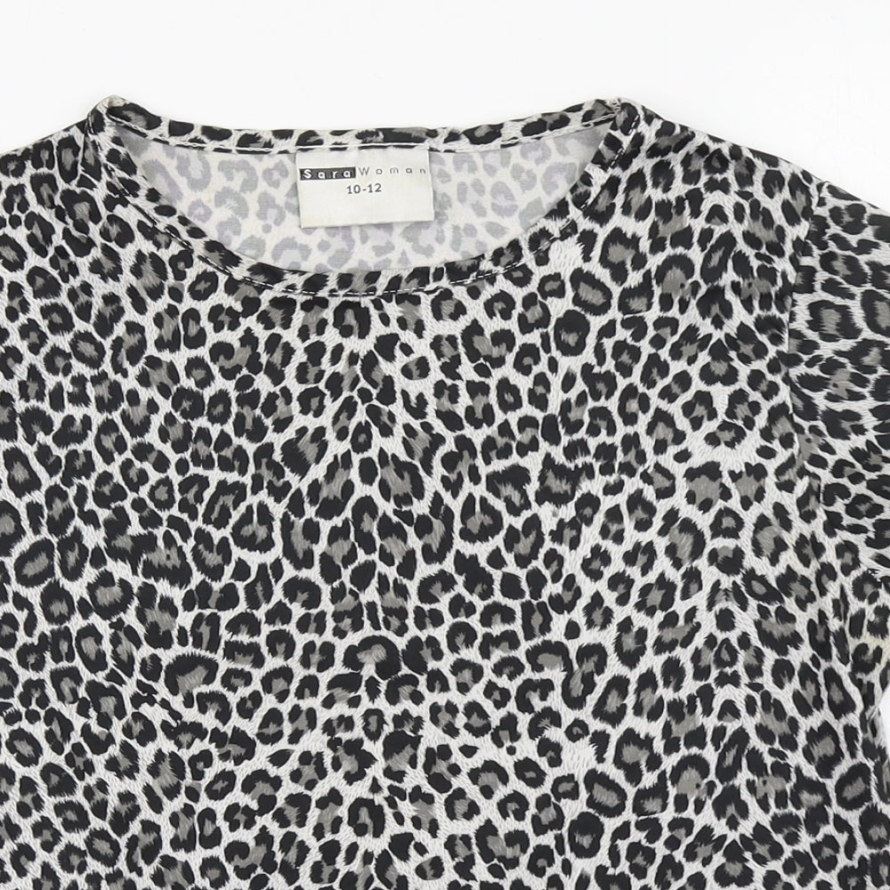 Sara Woman Womens Grey Animal Print Polyester Basic T-Shirt Size 10 Round Neck