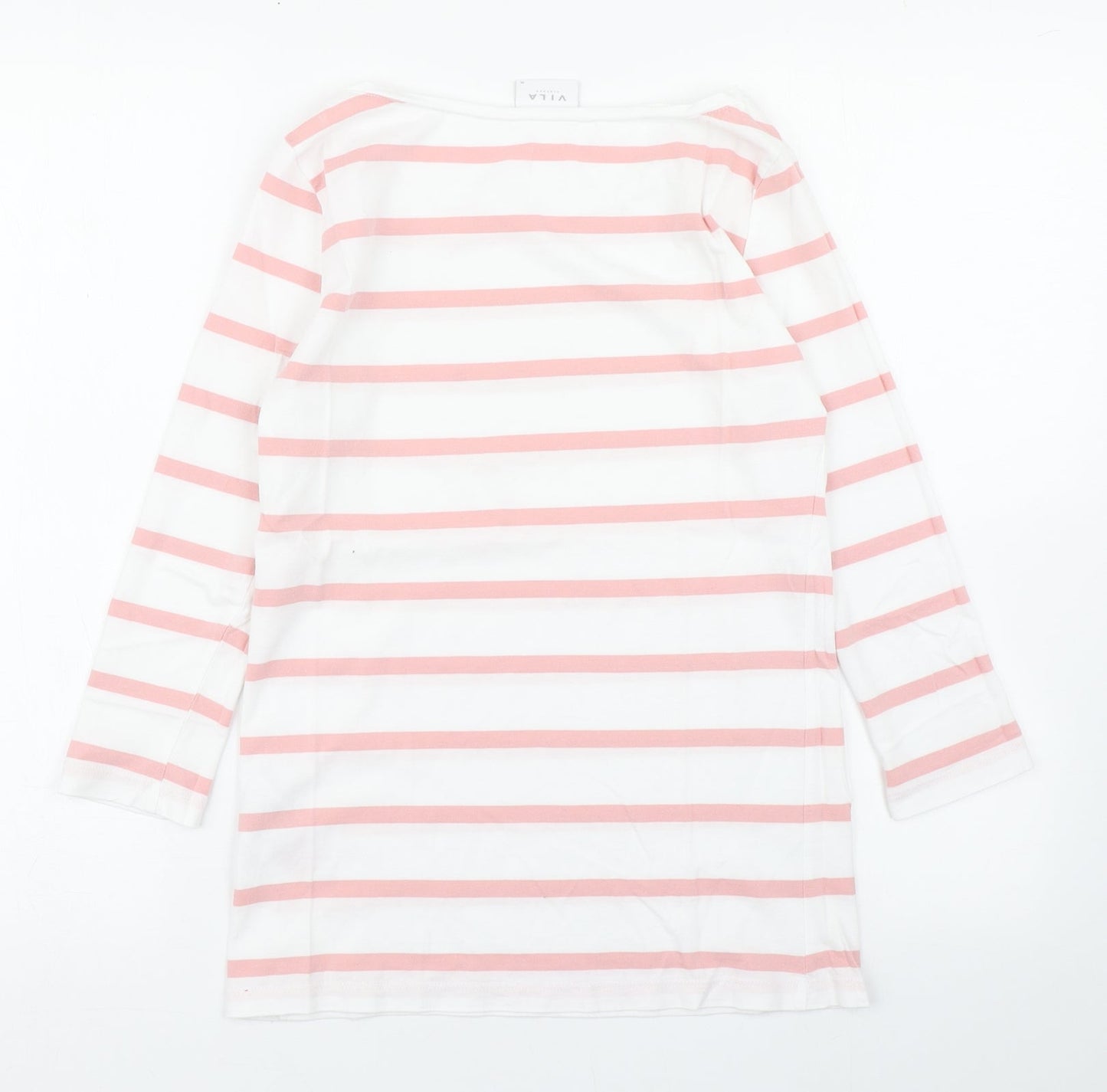 VILA Womens White Striped 100% Cotton Basic T-Shirt Size M Boat Neck