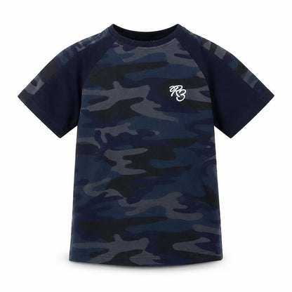 Ribstop Boys Blue Camouflage Cotton Basic T-Shirt Size S Crew Neck Pullover
