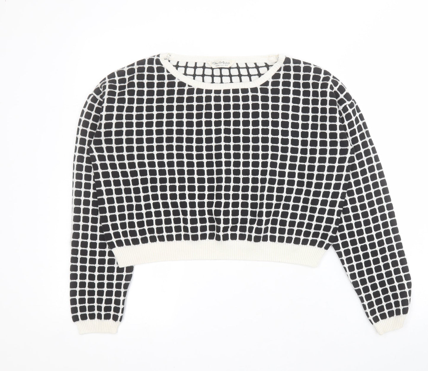 Miss Selfridge Womens Black Round Neck Geometric Acrylic Pullover Jumper Size 8   - Cropped