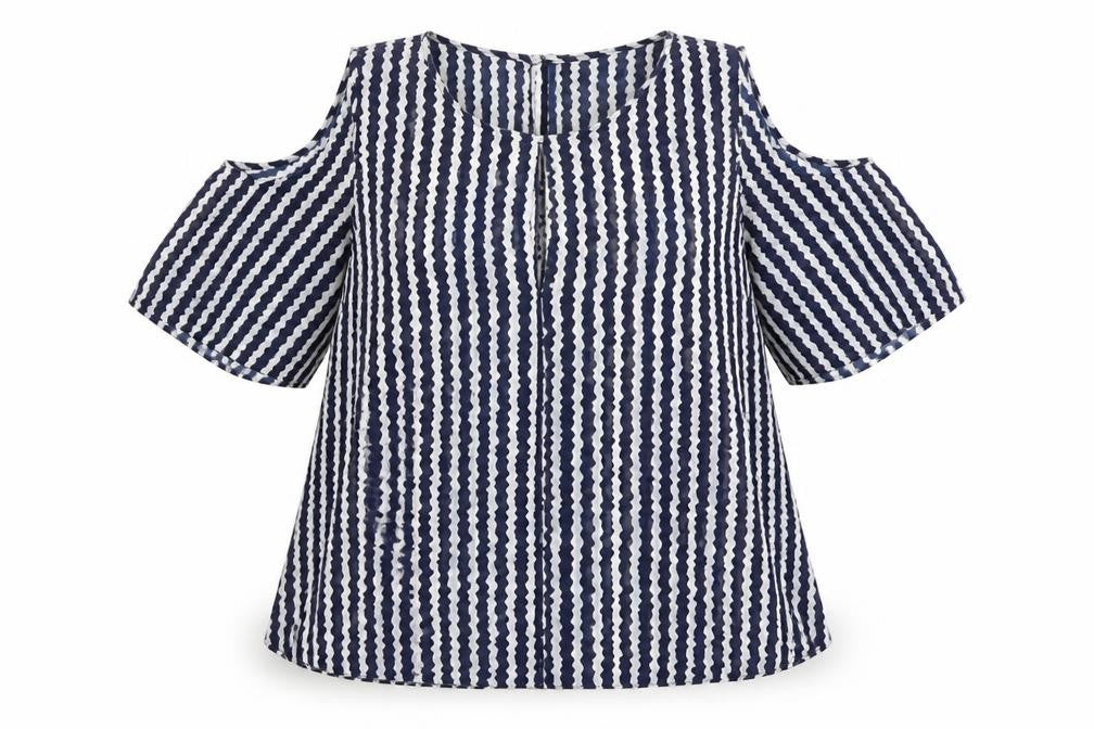 Topshop Womens Blue Striped Polyester Basic Blouse Size 10 Round Neck - Cold shoulder