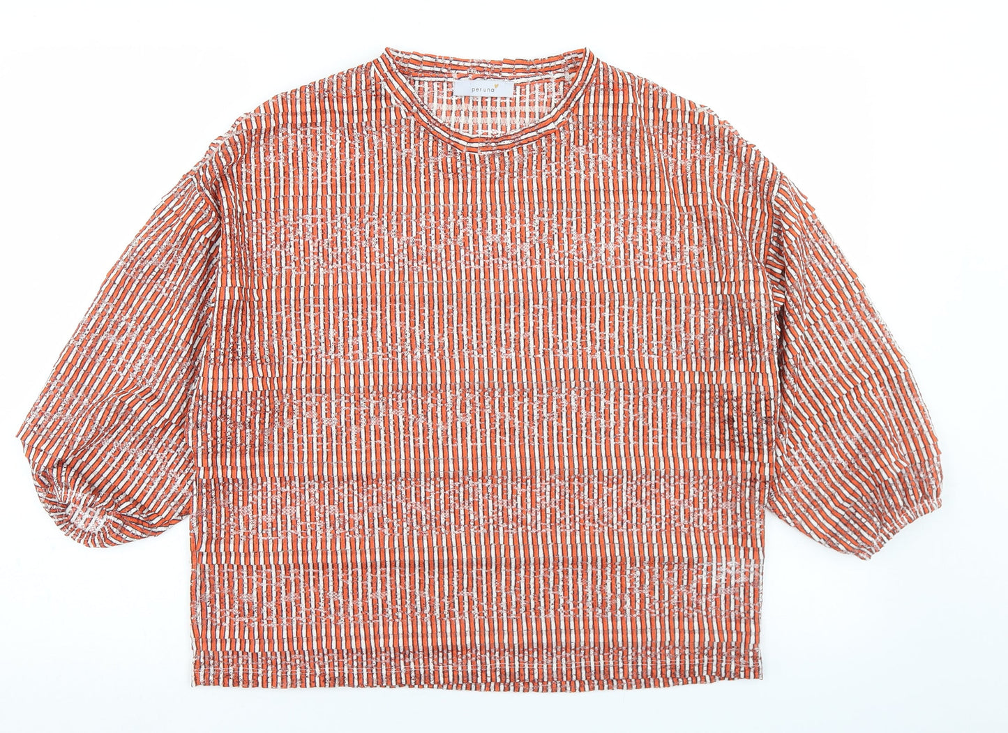 Marks and Spencer Womens Orange Striped Polyester Basic T-Shirt Size 12 Round Neck