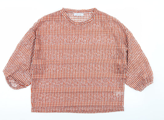 Marks and Spencer Womens Orange Striped Polyester Basic T-Shirt Size 12 Round Neck