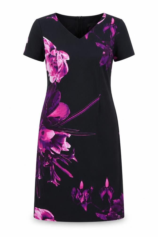 Gerard Womens Black Floral Polyester A-Line  Size 12  V-Neck Zip