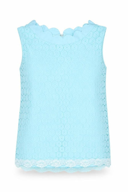 Marc Angelo Womens Blue Geometric Polyester Basic T-Shirt Size 8 Round Neck